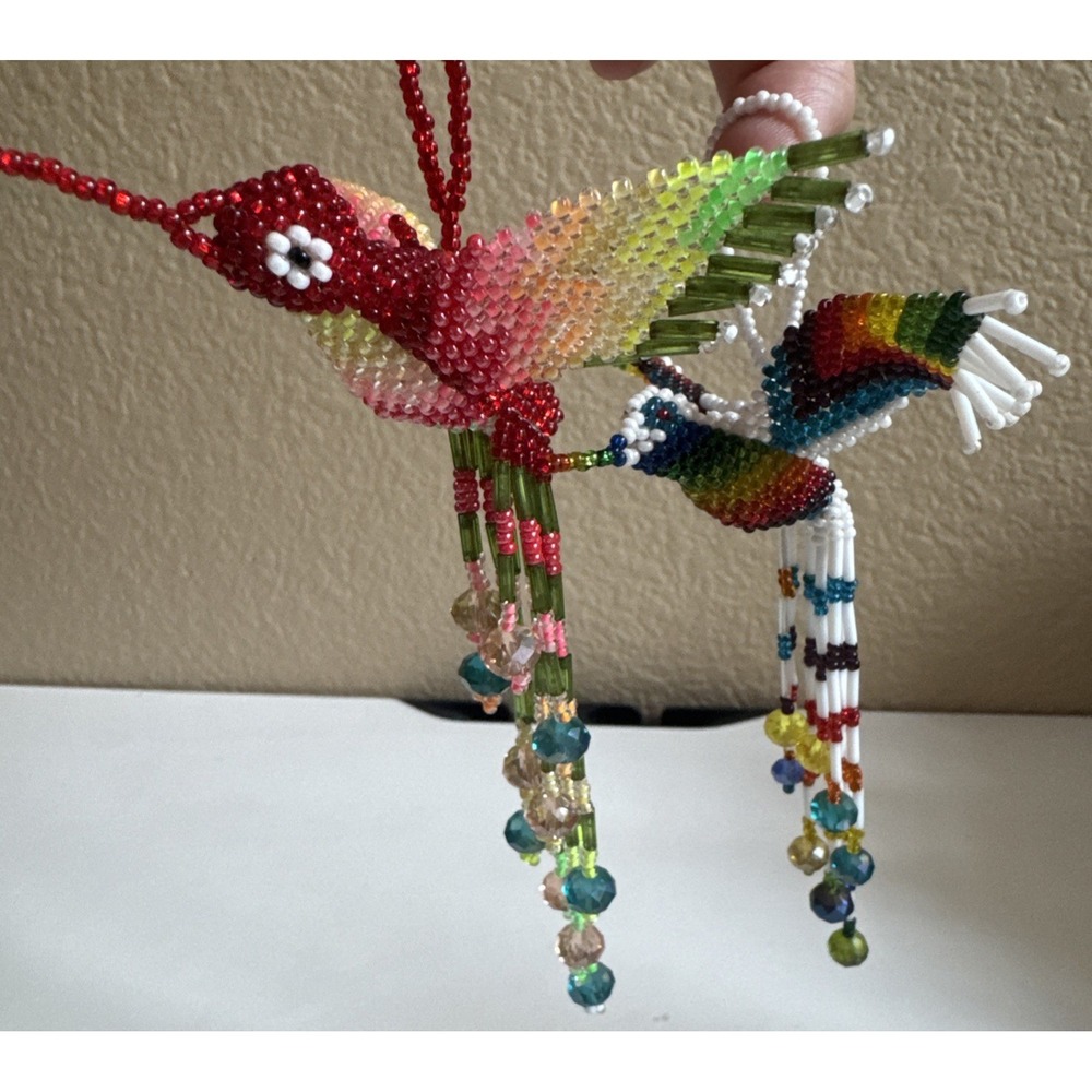 Huichol Beaded Hummingbird Ornaments Mexican Folk Art Seed Bead Suncatcher Boho